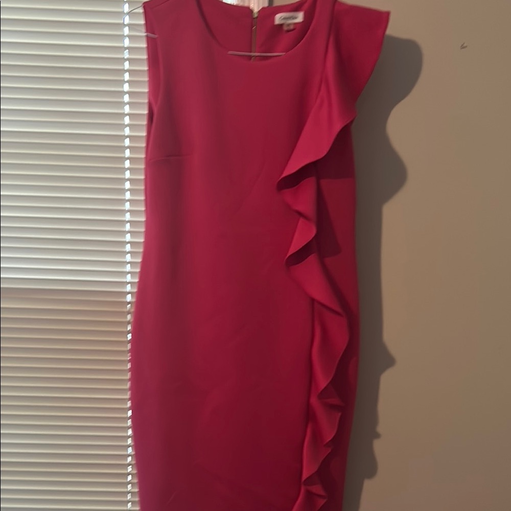 Calvin Klein Red Asymmetrical Ruffled Sheath Dress